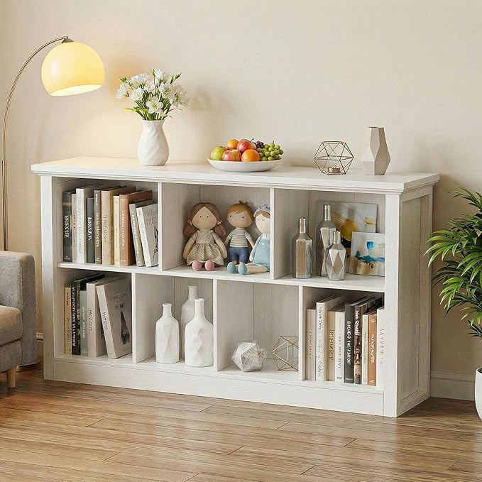 Unikito 7 Cube Storage Book Shelf - 47" Wide Wood Cube Storage Organizer, Wooden 2 Tiers Floor Standing Low Bookcase for Living Room, Bedroom, Home Office, Kids Room, Rustic White