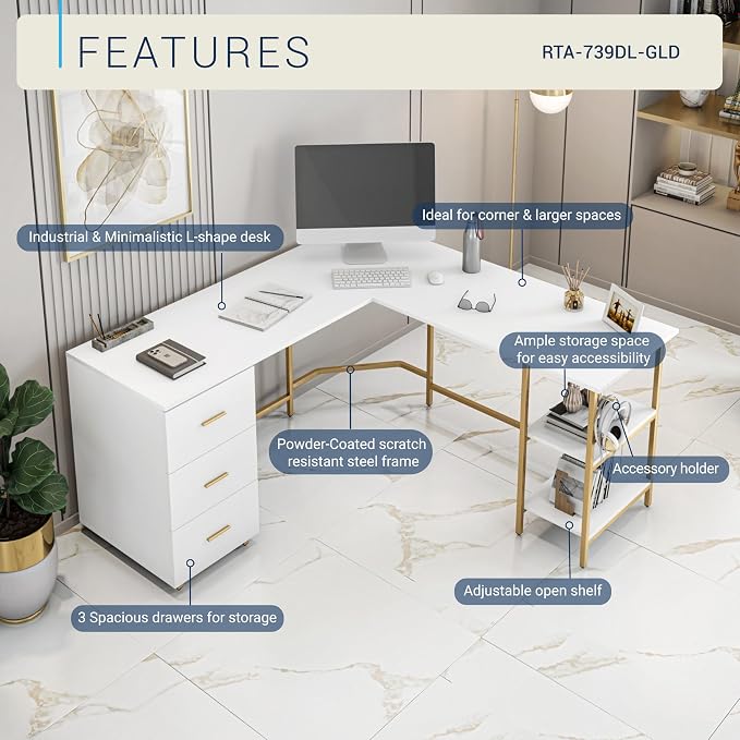 Techni Mobili L Shaped Desk - Two-Toned Computer Desk with Drawers & Storage Shelves - Simple Modern Furniture & Home Office Space Corner Table for Work & Writing