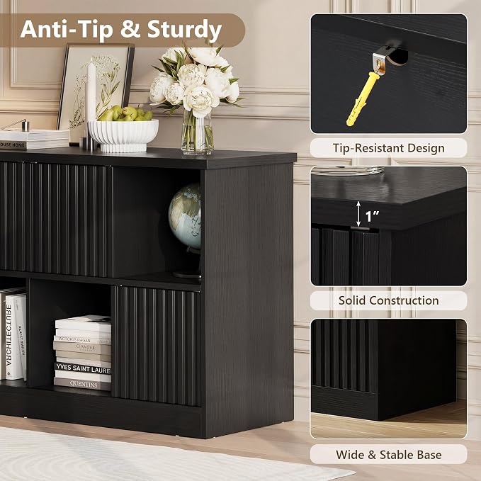 Einhomn 8 Cube Storage Organizer with Sliding Doors, Modern Fluted Bookshelf with Storage Cabinet, Wooden Bookcase with 4 Open Shelves for Living Room, Home Office, Bedroom, Black