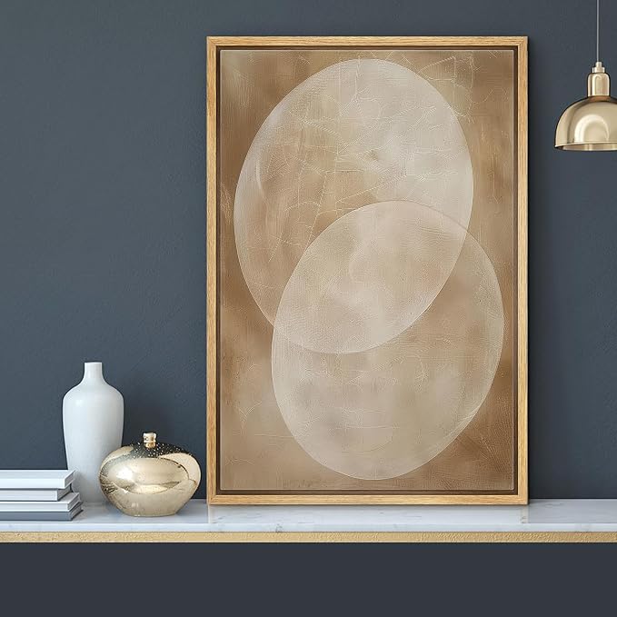 MUDECOR Framed Canvas Print Wall Art Neutral Beige Overlapping Circles Abstract Illustrations Fine Art Mid-Century Modern Multicolor for Living Room, Bedroom, Office - 24"x36" NATURAL