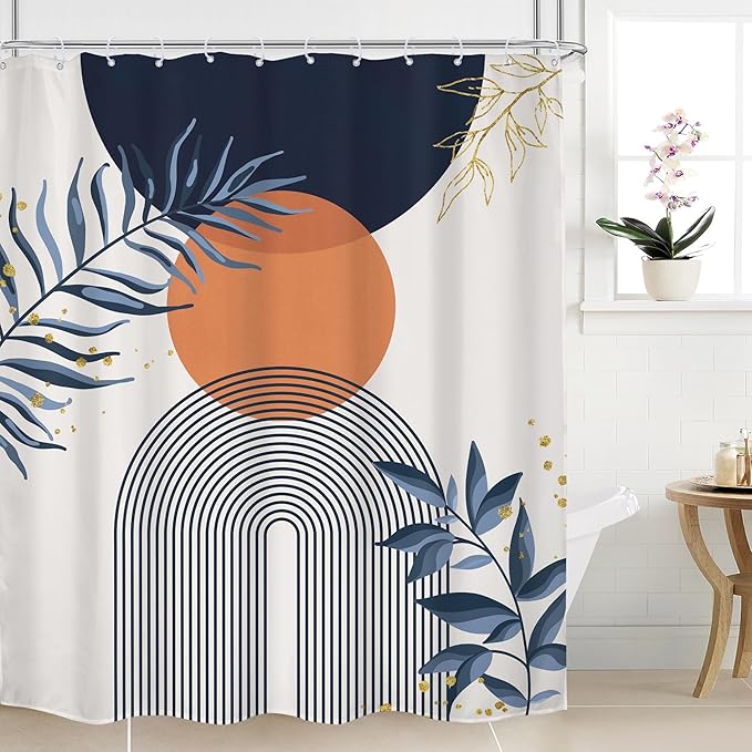Navy Blue Boho Shower Curtain 60Wx72H Modern Abstract Bohemian Blue Gold Leaves Orange Minimalist Mid Century Plant Arch Bathroom Decor Neutral Geometric Bath Curtain Polyester 12 Pack Hooks