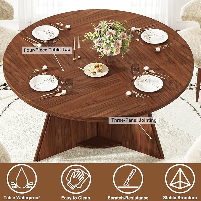 LVB Round Dining Table for 4-6, Mid Century Modern Walnut Circle Dinner Table, Brown Wood Pedestal Kitchen Table with Wooden Base for Dining Room, Kitchen, Living Room, 43 inch