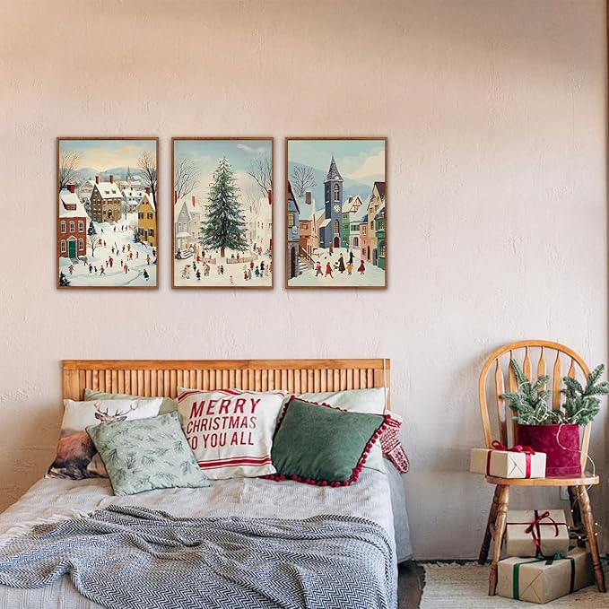 HLNIUC Christmas House Snowy Scene Framed Wall Art,Christmas Pine Trees Landscape Wall Decor,Modern Xmas Snow Scene Canvas Painting,Vintage Winter Festive Art Print for Living Room Bedroom-16 x24 x3