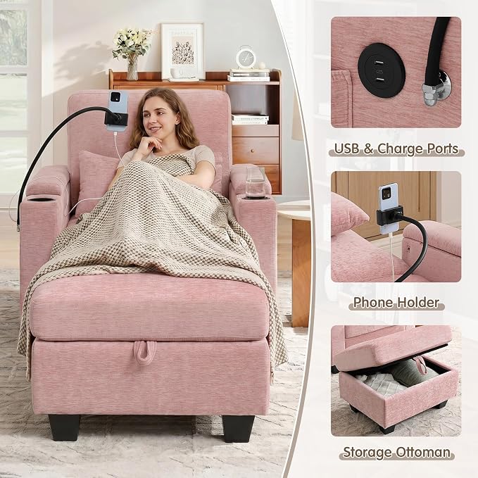 Small Chaise Lounge Chair Indoor with Ottoman&Adjustable Backrest,Chenille Tufted Recliner Comfy Sofa Chair with USB,Phone Holder&Storage Arms,Convertible Sleeper Couch Bed for Living Room(37"W,Pink)