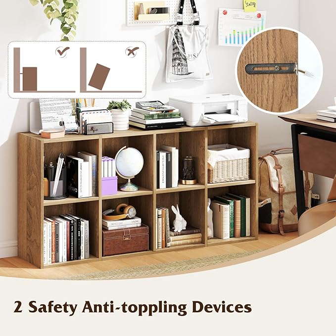 Tangkula 8-Cube Bookcase, Large Floor Standing Horizontal Bookshelf with 8 Open Shelves & 2 Anti-Tipping Kits, Home Office Wooden Storage Book Shelf for Living Room, Study (Natural, 8-Cube)