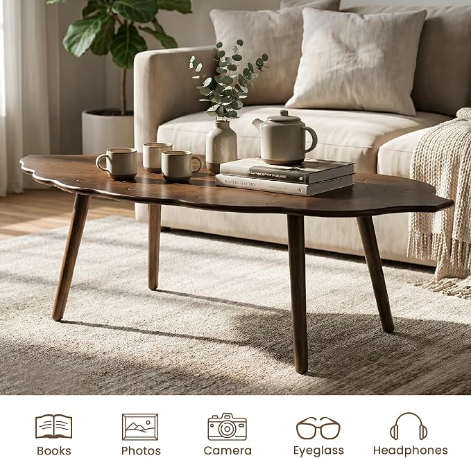 DUOMAY Mid-Century Modern Small Coffee Table, Solid Leaf-Shaped Wood Coffee Table for Living Room, Easy Assembly Center Table End Table with Wood Leg, Side Table for Bedroom Small Space, Brown