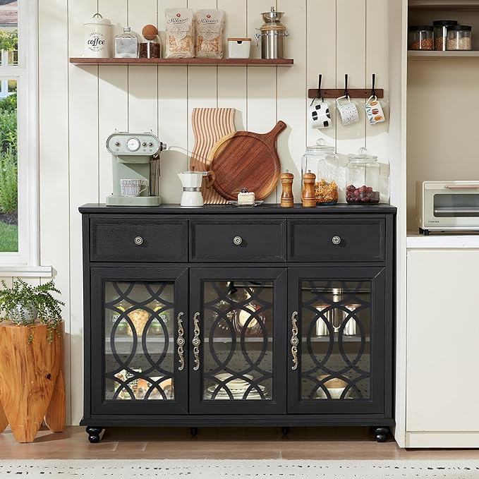 Farmhouse Sideboard Buffet Cabinet with Storage,48" Large Credenza with 3 Glass Doors & 3 Drawers,Adjustable Shelves Console Table,Wood Kitchen Coffee Bar for Dining Room,Kitchen,Black