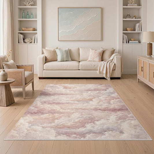 5'x7' Washable Watercolor Abstract Area Rug, Cream Non-Shedding Pet Friendly Carpet for Small Living Room, Playroom, Bedroom, Easy Care Kids Safe Mat | Ref:2208254