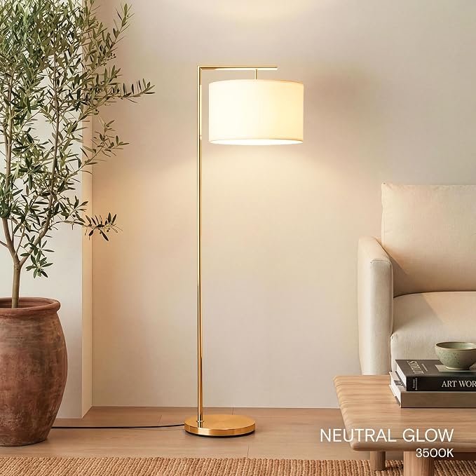 Brightech Montage Modern Floor Lamp - LED Standing Lamp with Tan Shade for Living Rooms & Offices - Bedroom Reading Light - Tall Corner Pole Lamp for Contemporary Home Decor - Antique Brass