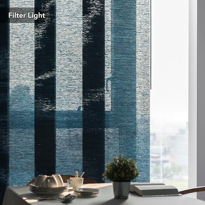 GoDear Design Adjustable Vertical Blinds for Sliding Glass Doors 45.8"- 86" W x 96" H, Extendable Sliding Panel Track Blinds for Windows, Blue Shimmering Trimmable Fabric Panels, Semi-Sheer, Sapphire