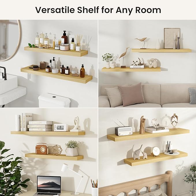 Fun Memories Rustic Wood Floating Shelves for Wall, Space-Saving Wall Mounted Shelves for Bathroom, Bedroom, Living Room and Kitchen, Stylish Storage & Display (Set of 2, Oak, 48 in)