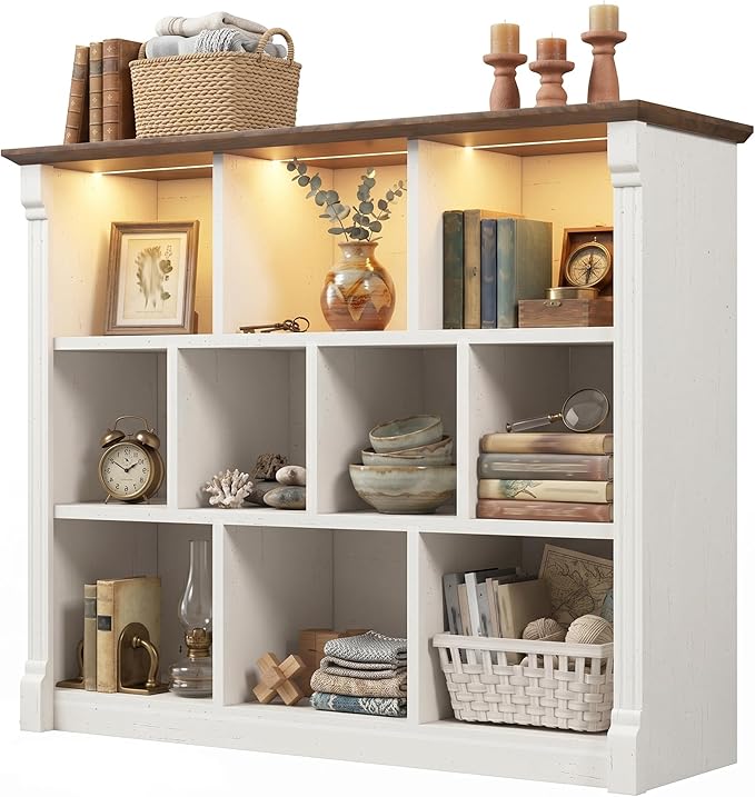 EnHomee 10 Cube Storage Organizer, Bookshelf with LED Light and Charging Station, 3 Tier Display Shelf,Stprage Bookcase for Living Room, Home Office, Warm White
