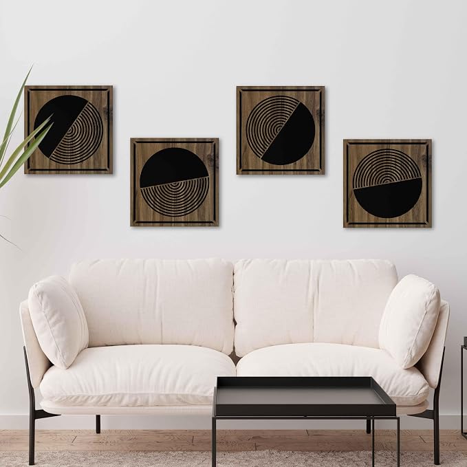 4 Piece Mid Century Modern Wood Wall Art Set, Geometric Boho Patterns for Eclectic and Maximalist Style, Wall Decor for Trendy Rooms