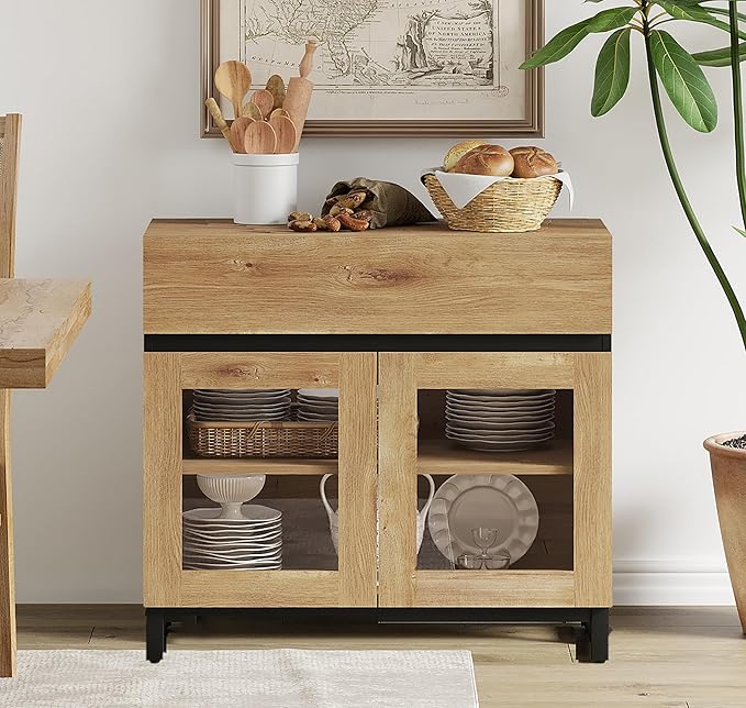 WAMPAT Sideboard Buffet Cabinets with Glass Doors and Drawer, Modern Sideboard Credenza with Adjustable Shelf, Coffee Bar Cabinet Storage Cabinet for Living Room, Kitchen, Oak