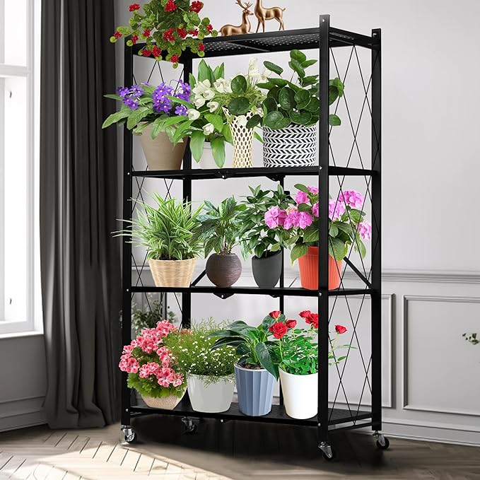 Metal Plant Stand Plant Shelf Folding Plant Stand No Assembly Required Easy to Move 4 Tiers Flower Stand with wheels for Living Room Bedroom Flower Room Indoor outdoor Black