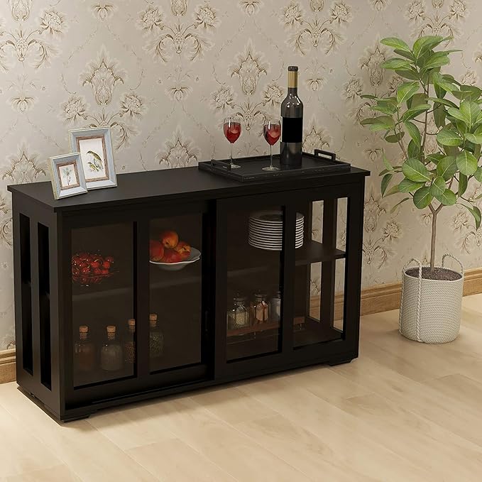 RASOO Buffet Sideboard with Sliding Glas Door and Adjustable Shelf Stackable Kitchen Storage Cabinet Antique Cupboard Home Furniture, Black