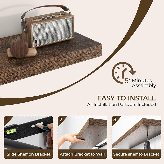 RICHFOCUS 31.5Inch Floating Shelves for Wall 2 Pack Shelves for Bedroom|Kitchen|Bathroom Wall Mounted Rustic Wood Floating Shelf with Invisible Brackets for Books|Storage|Decor, Rustic Brown