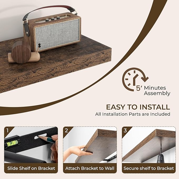 RICHFOCUS 20Inch Floating Shelves for Wall 2 Pack Shelves for Bedroom|Kitchen|Bathroom|Laundry Room Rustic Wood Wall Mounted Shelf with Invisible Brackets for Books|Storage|Decor, Rustic Brown