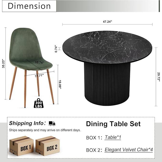 Dining Table Set for 4, Mid Century Modern 47 Inch Black Marble-Look Wooden Round Dining Table Set, Space Saving (Table + 4 Green Chairs)