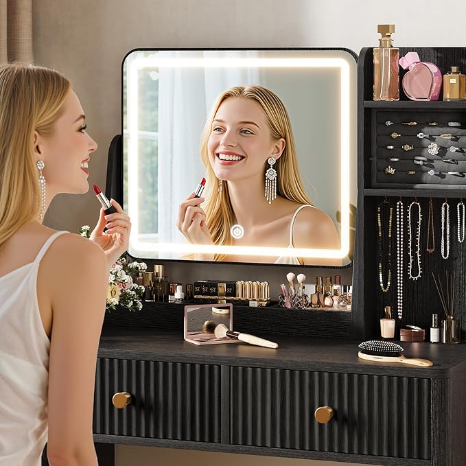 Fluted Vanity Desk with Mirror and Lights, Small Makeup Vanity with 2 Drawers and Jewelry Storage Cabinet, 3 Lighting Modes Adjustable Brightness, Dressing Table for Bedroom - Black