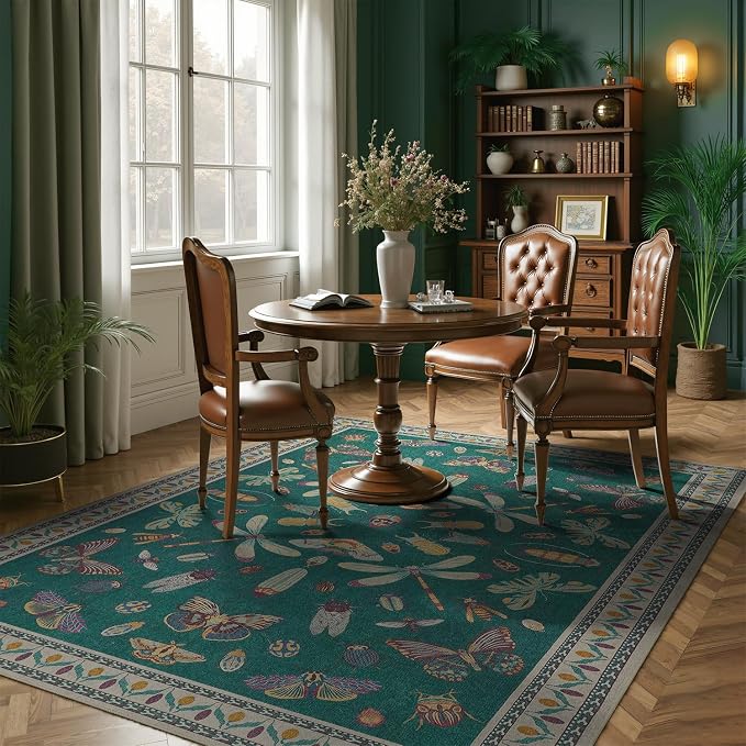 DCX 6x9 Washable Insect Rug, Vintage Gothic Deep Teal Rug with Non-Slip Rubber Backing, Soft Low-Pile, Stain-Resistant, Kid & Pet Friendly, for Living Room, Bedroom, Office, and Nature-Themed Decor