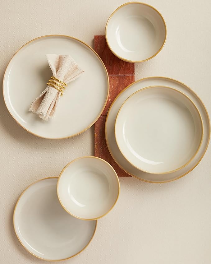 Large Holiday Dinnerware Sets for 8, Ceramic Plates and Bowls Set, Kitchen Dish Set, Microwave & Dishwasher Safe Dishware, Perfect for Christmas & Thanksgiving, Yellow White