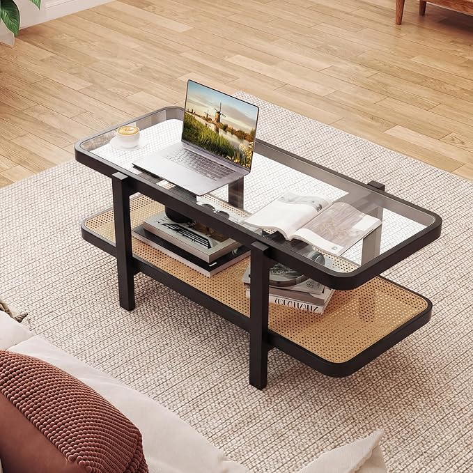 Giantex Rattan Coffee Table, 47.5" Rectangle Solid Wood Tea Table w/Tempered Glass Tabletop, Rattan Storage Shelf, 2-Tier Boho Coffee Tables, Farmhouse Center Table for Living Room (Black)