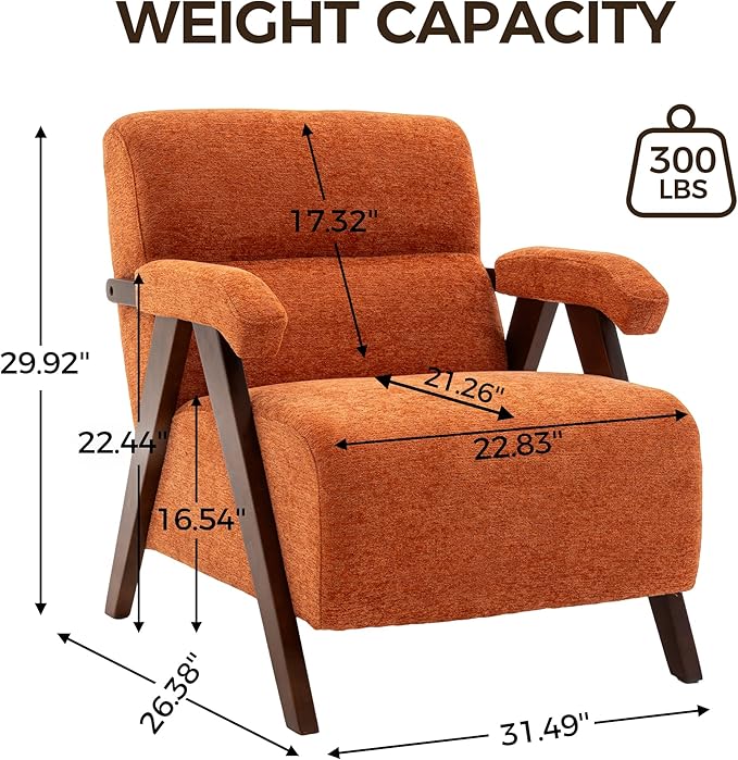 Accent Chair Mid Century Modern Living Room Chairs with Thick Cushion Comfy Upholstered Armchair Cozy Small Side Chairs for Reading Room Bedroom Orange