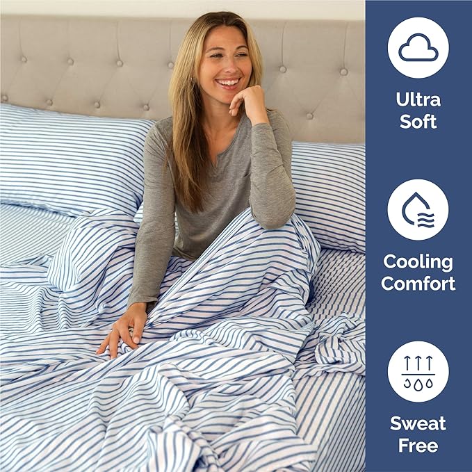 King Size 4 Piece Sheet Set - Comfy Breathable & Cooling Sheets - Hotel Luxury Bed Sheets for Women & Men - Deep Pockets, Easy-Fit, Soft and Wrinkle Free Sheets - Blue Stripes Oeko-Tex Bed Sheet Set