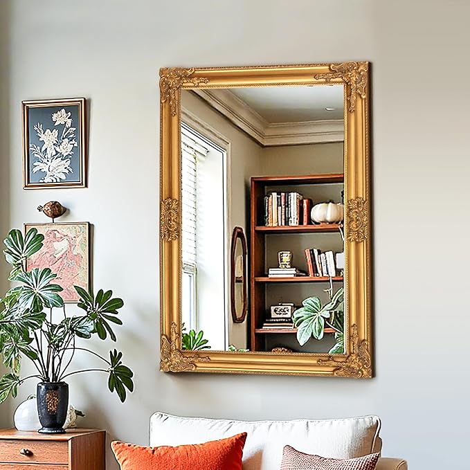 24"x36" Vintage Gold Baroque Wall Mirror, Ornate Antique Style Decorative Mirror for Entryway, Living Room, Fireplace Mantel, Hallway