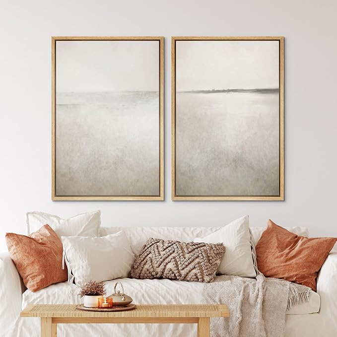 IDEA4WALL Framed Canvas Print Wall Art Set Abstract Sepia Ocean Wave Beach Landscape Nature Wilderness Illustrations Modern Art Decorative Coastal Cottage Seascape for Bedroom - 24"x36"x2 Natural