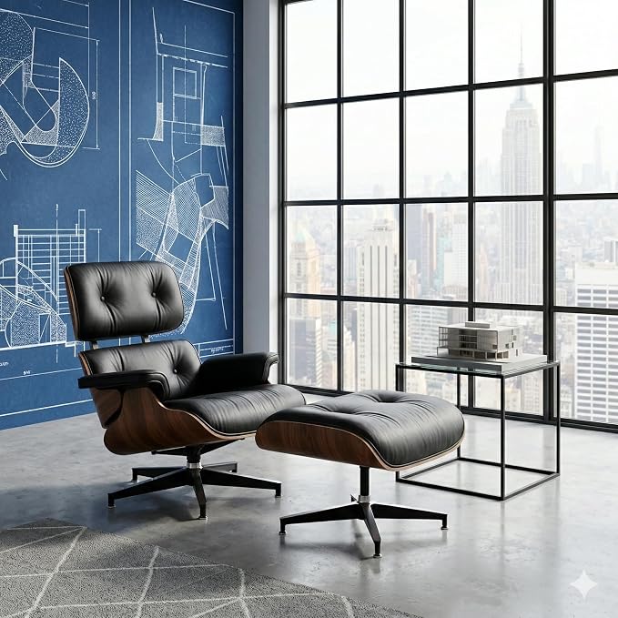 Mid Century Chaise Lounge Chair with Ottoman, Top Black Grain Leather, Modern Office Chair Classic Design, Heavy Duty Base Support for Living Room Study Lounge Office
