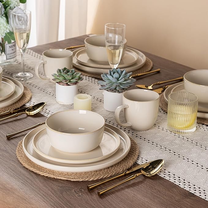 GBHOME Ceramic Dinnerware Sets for 6, 18 Pieces Stoneware Plates and Bowls Sets, Scratch Resistant Dishes, Dishwasher & Microwave Safe, Reactive Glaze-Vanilla color