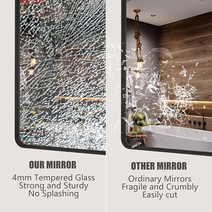 CHAMROR 24x32 Inch Black Metal Framed Bathrrom Mirror for Wall, Black Rounded Rectangle Mirror, Matte Black Bathroom Vanity Mirror, Anti-Rust, Tempered Glass, Hangs Horizontally or Vertically