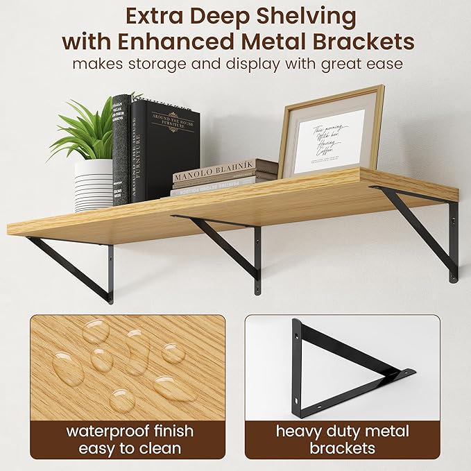 Axeman Deep Floating Shelves - 40 Inch Floating Shelves Set of 2-12 Inch Deep Oak Wall Shelves for Living Room Bathroom Kitchen