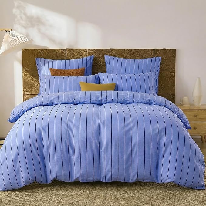 Merryword Blue Striped Duvet Cover Set Queen Size, 100% Cotton Denim Blue Bedding Set with Zipper Closure & 8 Corner Ties, Luxury Linen Like Bedding, Soft Breathable Comforter Cover for All Seasons