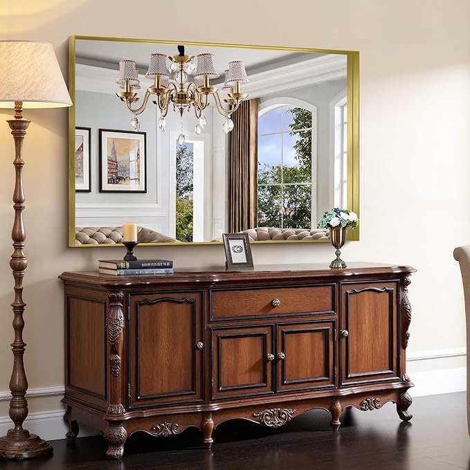 CIRCUMI Gold Bathroom Mirror, 36"x55" Rectangular Mirror with Deep Metal Frame, Brushed Finish, Tempered Glass, Large Mirror for Wall, Over 2 Sinks, Installed Vertically/Horizontally, Crystal-Clear