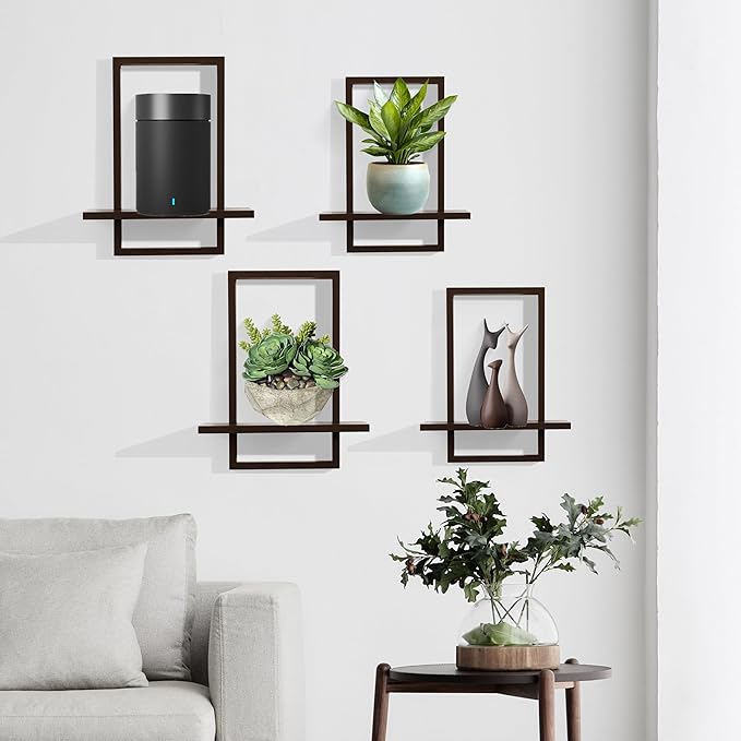 PHOENANCEE Square Floating Shelves,Wall Plants Holder,Bathroom Wall Decor,Framed Decorative Shelf Black,Modern Chic Set of 2 for Living Room Bedroom Home Office,Soild Wood,L+S(Walnut