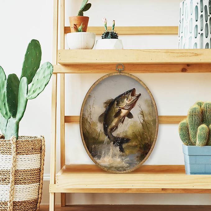 CGBHW Retro Fish Oval Wall Art Decor, Coastal Beach Canvas Prints Framed, Moody Fish Wall Art Hanging Decor for Kitchen Dining Room Beach Home Decorations, 8.6x11.4 Inch