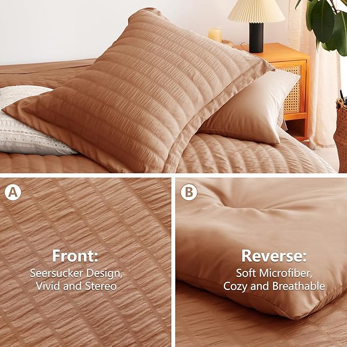 CozyLux Full Size Comforter Sets Pumpkin, 7 Pieces Seersucker Textured Luxury Bed in a Bag, All Seasons Soft Bedding Sets with Down Alternative Comforter, Sheets, Pillowcases & Shams, Home Gift