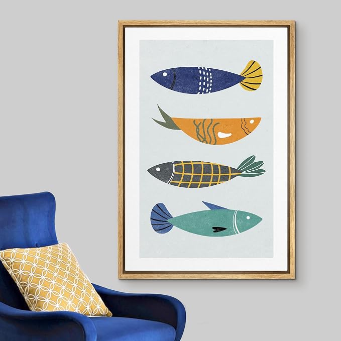 Woodrose Framed Canvas Print Wall Art Retro Pattern Vintage Fish Variety Animals Shapes Illustrations Modern Minimalist Chic Relax/Calm Multicolor for Living Room, Bedroom, Office - 24"x36" Natural