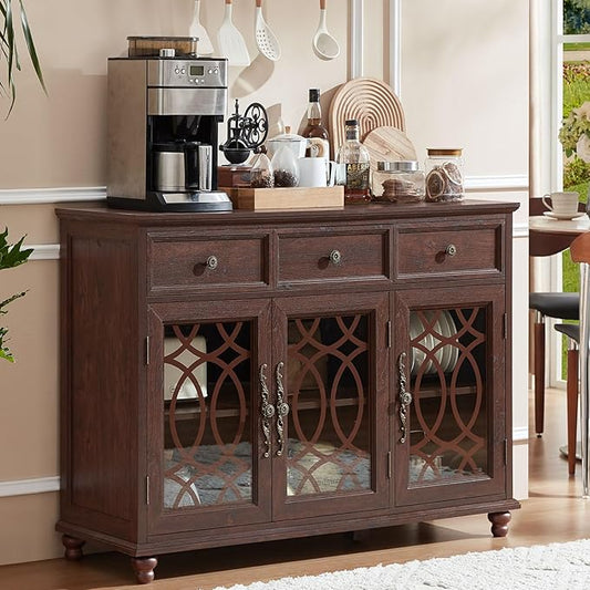 Large Sideboard Buffet Cabinet with Storage,48" Credenza with 3 Glass Doors & 3 Drawers,Adjustable Shelves Coffee Bar,Wood Kitchen Console Table for Dining Room,Living Room,Walnut