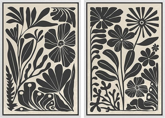 MUDECOR Framed Canvas Wall Art Abstract Floral Botanical Prints Minimalist Modern Art Boho Wall Decor for Bedroom - 16"x24"x2 White