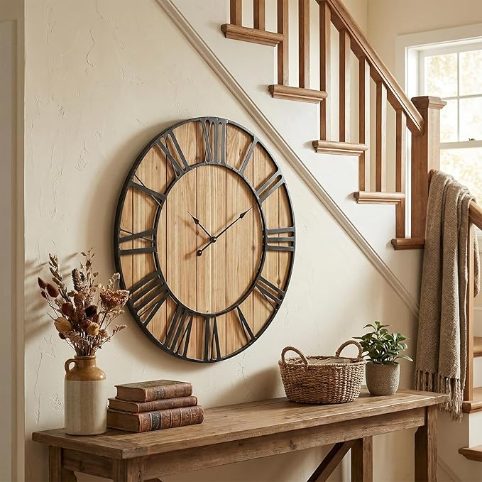 Large Farmhouse Wall Clock 30 Inch Vintage Brown Wooden Wall Clock with Quiet Ticking and Minimalist Roman Numerals for Bedroom Living Room Office Kitchen Home Decor, Battery Operated