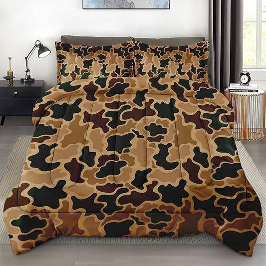 Comforter Set with 2 Pillowcases King Size, Brown Camouflage Camo Hunting Hunter, Bed Decor Wood Green Desert Army Military for Kids and Adults, Soft Cozy Bedroom Bedding Set