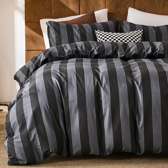 Merryword Black and Gray Striped Duvet Cover Set King Size - 100% Cotton Bedding Set with Zipper & Corner Ties, 3-Piece Luxury Linen Like Bedding Set for All Seasons