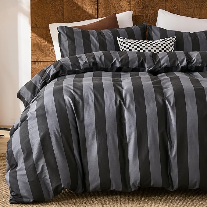 Merryword Black and Gray Striped Duvet Cover Set Queen Size - 100% Cotton Bedding Set with Zipper & Corner Ties, 3-Piece Luxury Linen Like Bedding Set for All Seasons