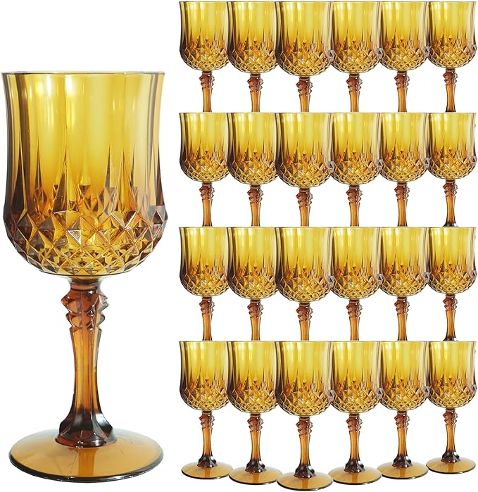 Plastic Wine Glasses, Plastic Goblets Vintage Style Cordial Drinking Glasses for Valentine’s Day, Wedding Reception, Grand Event Party Supplies (24, Amber)