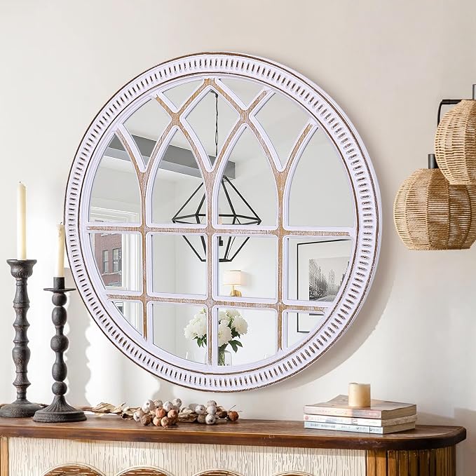 HOITUZYUS 30 Inch Farmhouse Round Wood Window Mirror for Wall Decor | Decorative Windowpane Mirrors for Bathroom Vanity, Entryway, Living Room, Bedroom & Mantel Decor