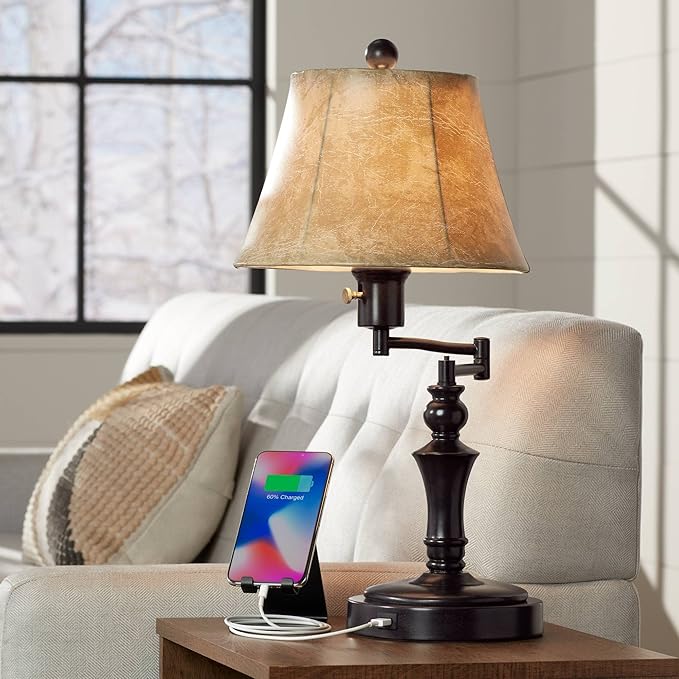 Regency Hill Corey 21.75" High Traditional Natural Cottage Swing Arm Hotel Style Desk Table Lamp with USB Ports A+C Charging Bronze Metal Faux Leather Bell Shade Living Room Bedroom House Bedside